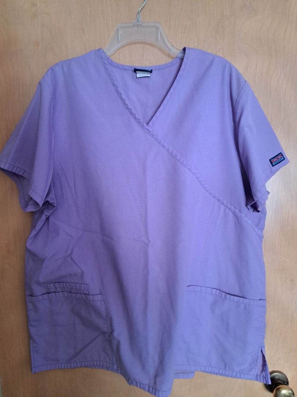 Cherokee Lavendar Lilac Mock Wrap Scrub Top Womens L Large Pockets